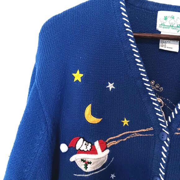 Vintage 90s Quacker Factory Christmas Village Cardigan Sweater Blue Size L - Picture 3 of 13